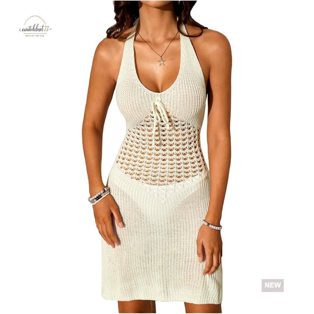 Tie Backless Halter Crochet Dress Hollow Out Swimsuit Coverup Beachwear